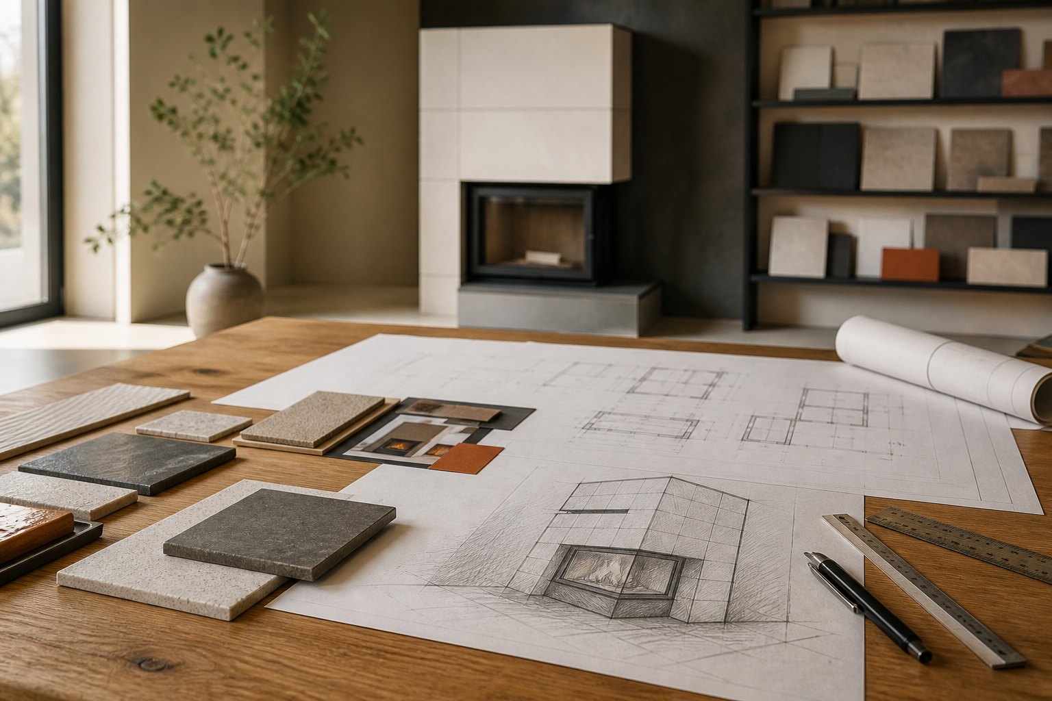 Planungstisch mit Grundrissen, Materialmustern und Ofenentwurf